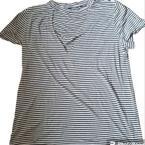 Audrey 3+1 choker deep plunge vneck black white stripe shirt women's large
